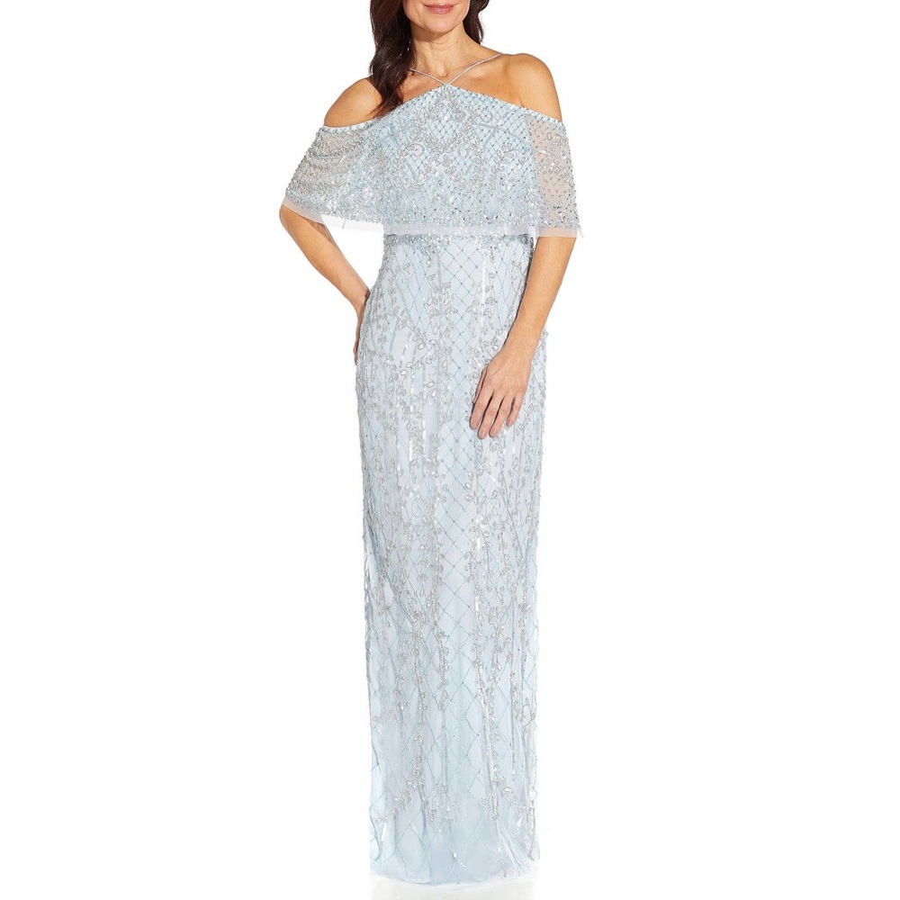 $395 Aidan Mattox
Beaded Short Cold Shoulder Sleeve Halter Neck Gown